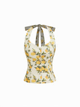 Halter Neckline Lemon Shirred Bowknot Tank Top