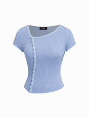 Asymmetrical Neck Stripe Button Through Tee