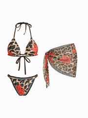 V-neck Floral Leopard Halter Cheeky Bikini Set With Sarong