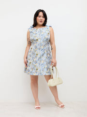 Boat Neck Floral Jacquard Bowknot Mini Dress Curve & Plus