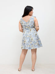 Boat Neck Floral Jacquard Bowknot Mini Dress Curve & Plus