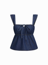 Denim Square Neck Bowknot Shirred Crop Tank Top