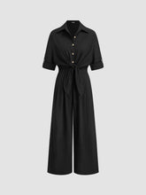 Linen-blend Collar Knotted Roll Hem Oversized Jumpsuit