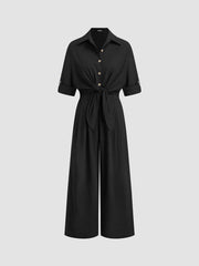 Linen-blend Collar Knotted Roll Hem Oversized Jumpsuit