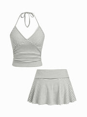 Cotton-blend Halter Neckline Stripe Crop Top & Low Rise Ruffle Hem Skirt Set