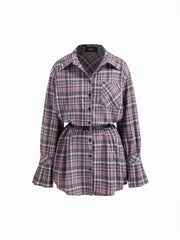 Collar Tartan Button Bell Sleeve Oversized Shirt Mini Dress With Belt