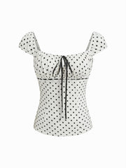 Square Neck Polka Dot Knotted Short Sleeve Top