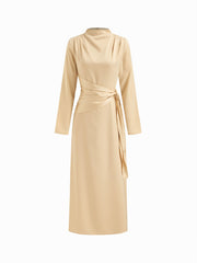 Satin Stand Collar Ruched Draped Maxi Dress