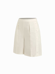 Cotton-blend Mid Rise Straight Leg Side Button Bermuda Shorts