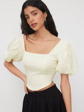 Square Neck Texture Puff Sleeve Curve Hem Blouse
