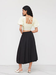 Square Neck Texture Puff Sleeve Curve Hem Blouse