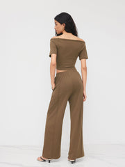 Cotton-blend Boat Neck Crop Tee & Mid Rise Wide Leg Trousers Set