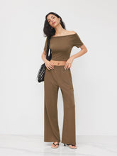 Cotton-blend Boat Neck Crop Tee & Mid Rise Wide Leg Trousers Set