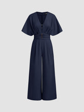 Linen-blend V-neck Ruched Dolman Sleeve Jumpsuit