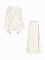 Satin Boat Neck Asymmetrical Hem Top & Maxi Skirt Set