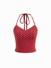 Cotton-blend Halter Neckline Polka Dot Patched Crop Top