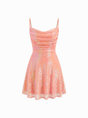 Sequin V-neck Solid Lace Up Mini Dress