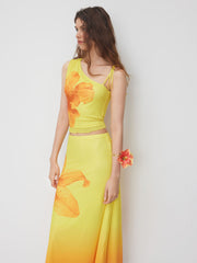 Mesh Asymmetrical Neck Floral Knotted Top & Mid Rise Maxi Skirt Set
