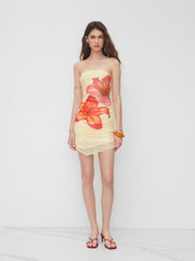 Mesh Floral Ruched Lettuce Trim Bandeau Mini Dress