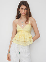 Cotton Broderie Anglaise Knotted Shirred Layered Crop Cami Top