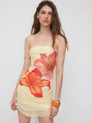Mesh Floral Ruched Lettuce Trim Bandeau Mini Dress