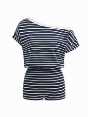 Cotton-blend Asymmetrical Neck Stripe Micro Lounge Romper