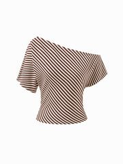 Jersey Asymmetrical Neck Stripe Ruched Tee