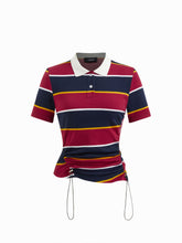 Cotton-blend Striped Collar Short Sleeve Drawstring Ruched Tee