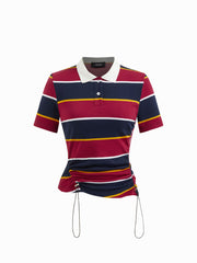 Cotton-blend Striped Collar Short Sleeve Drawstring Ruched Tee