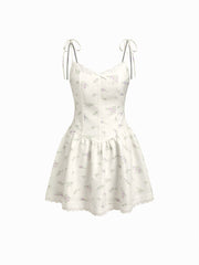 V-neck Floral Lace Trim Bowknot Mini Dress