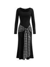 Plaid Knotted Scoop Neckline Long Sleeve Maxi Dress