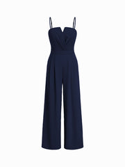 Woven Solid Shirred Pleated Straight Leg Jumpsuit