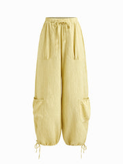 Mid Rise Drawstring Pocket Straight Leg Trousers