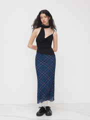 Mesh Mid Rise Check Lettuce Trim Maxi Skirt