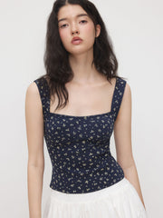 Cotton-blend Square Neck Floral Cut Out Tank Top