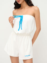 Terry Feeling Salty Embroidery Drawstring Knotted Bandeau Romper
