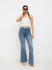 Stretch Cider Denim Low Rise Flared Jeans With Belt