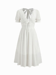 Cotton V-neck Lace Floral Ruffle Cut Out Back Knotted Maxi Dress