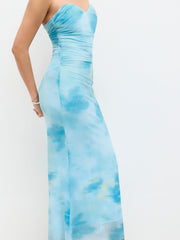 Mesh Illusion Ruched Bandeau Maxi Dress