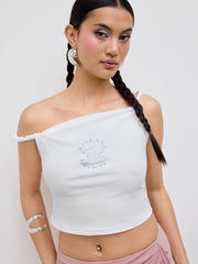 Cotton-blend Asymmetrical Neck Rhinestone Shell Crop Top