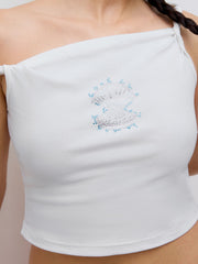 Cotton-blend Asymmetrical Neck Rhinestone Shell Crop Top