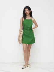 Linen-blend Square Neck Backless Beaded Ruched Mini Dress