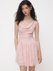 Lace Cowl Neck Floral Ruffle Mini Dress