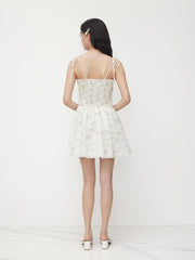 V-neck Floral Lace Trim Bowknot Mini Dress