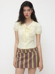 Cotton Low Rise Stripe Mini Skirt With Belt