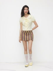 Cotton Low Rise Stripe Mini Skirt With Belt