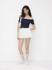 Cotton-blend Off-shoulder Lace Trim Crop Top