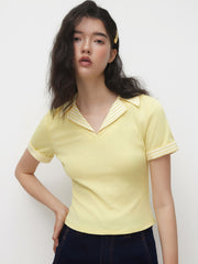Cotton-blend Collar Stripe Patched Short Sleeve Top