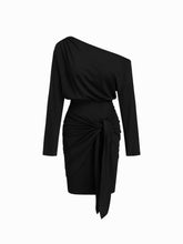 Asymmetrical Neck Long Sleeve Tie Front Midi Dress
