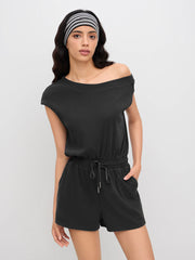 Asymmetrical Neck Drawstring Romper